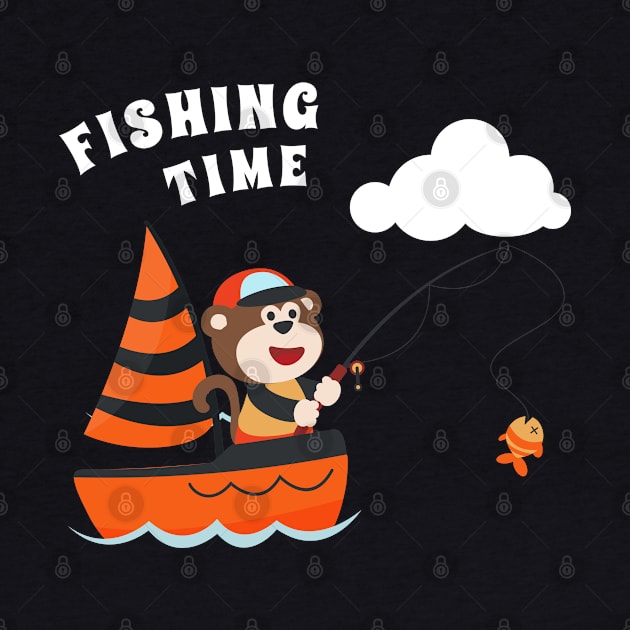 Vector cartoon illustration of cute monkey fishing on sailboat with cartoon style. by KIDS APPAREL